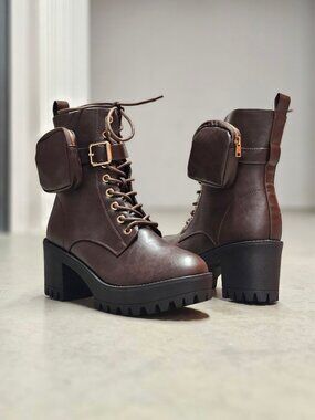 Brown Combat Boots With Chunky Heel & Detachable Side Pouches